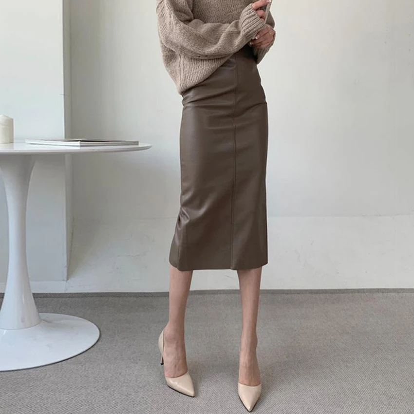 OOTN Elegant Black High-Waist Straight Midi Skirt For Women Autumn Winter Street Chic With Slit Leather Skirts Female 2024
