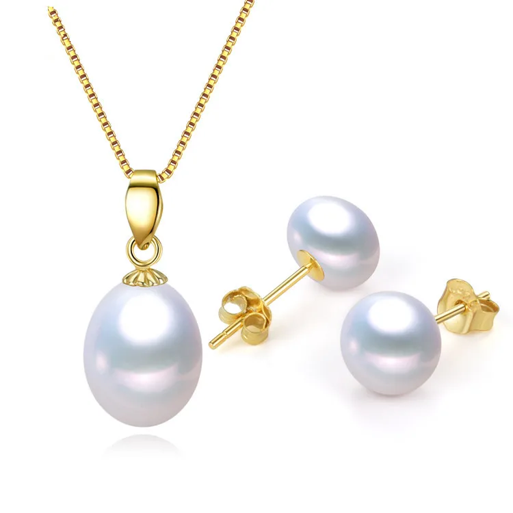 925 silver natural real freshwater pearl jewellery set fresh water cultured pearl necklace and earring jewelry set for women