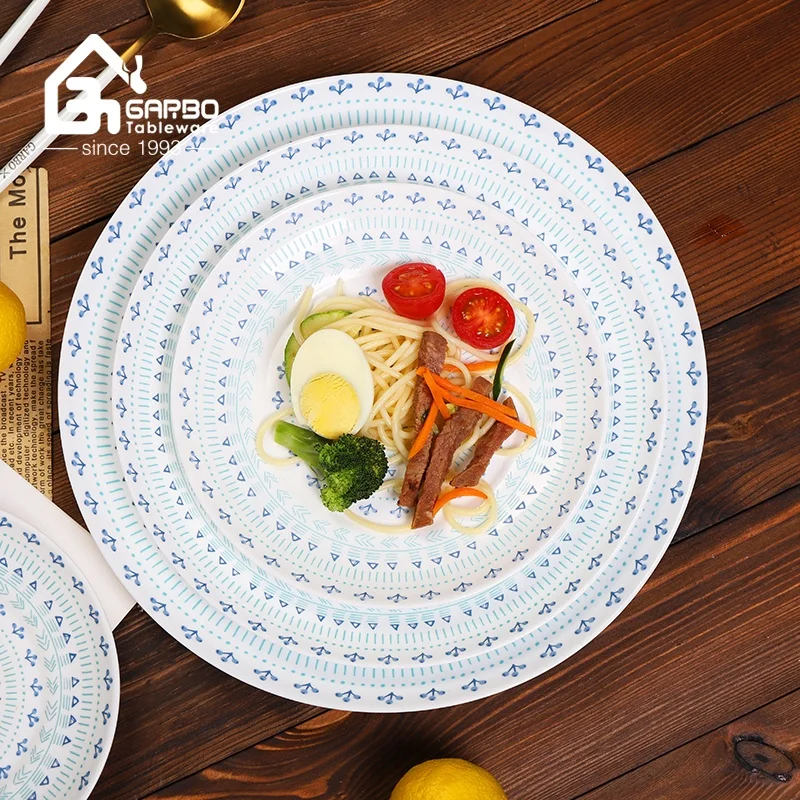 Cheap opal glassware dinner set custom 12inch opal plates set with bohemian style decal for Christmas and Wedding Festival Gift