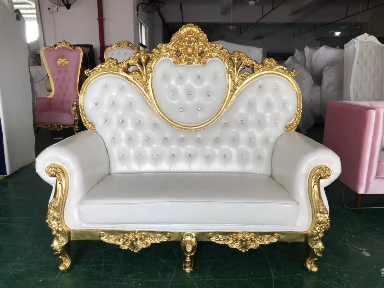 Silver frame white leather double seat throne chair