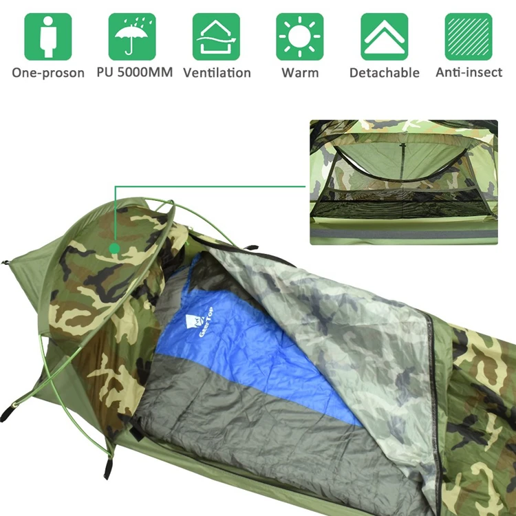 GEER TOP Tent Camouflage Outdoor 1 Single Person Tent Aluminum Pole Ultralight Weight Professional Hiking Camping Solo Tent