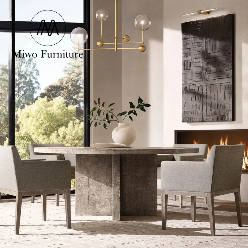 Midcentury Retro Outdoor Furniture Solid  Wood Reclaimed Oak Plank Round Waterproof Dining Table For Hotel Patio Balcony Table