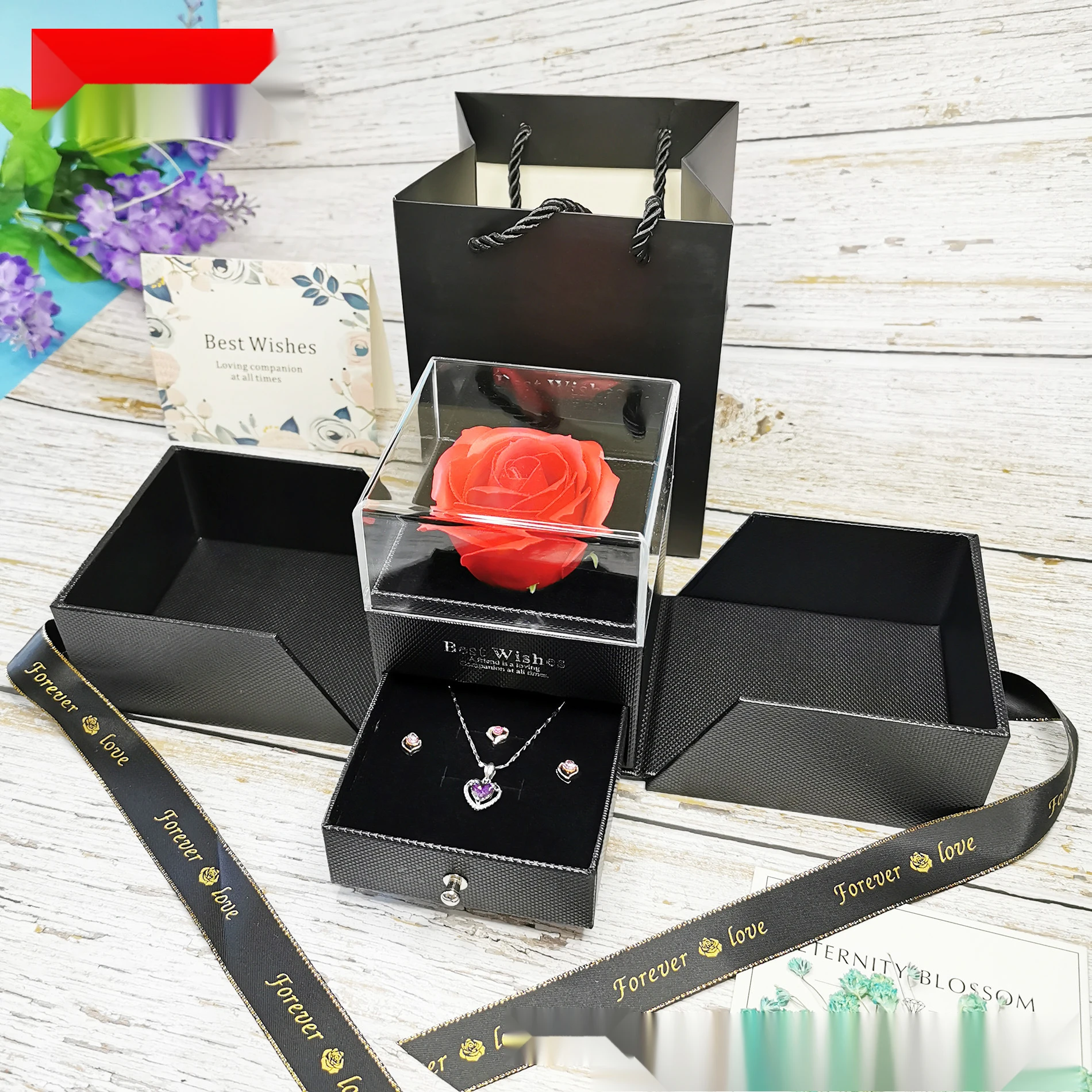 Blue Real Rose With I Love You Necklace Gifts Set Eternal Forever Handmade Soap Rose Enchanted Flower Gift Acrylic Box