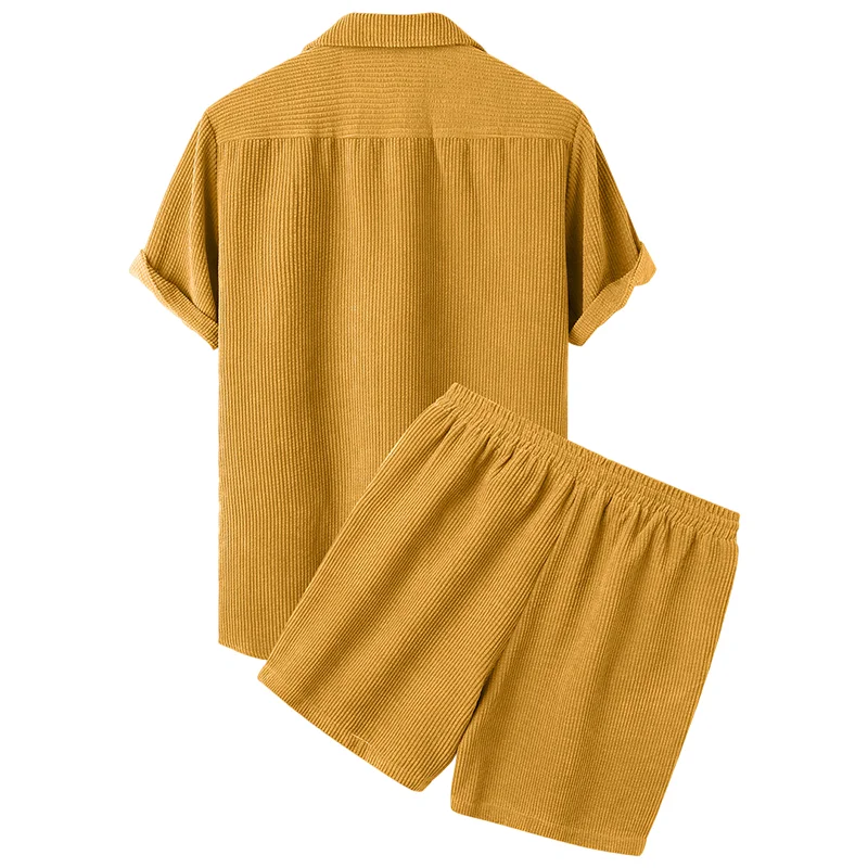 2022 Custom Logo Solid Color Men 2 Piece Short Set Corduroy Summer Shirt