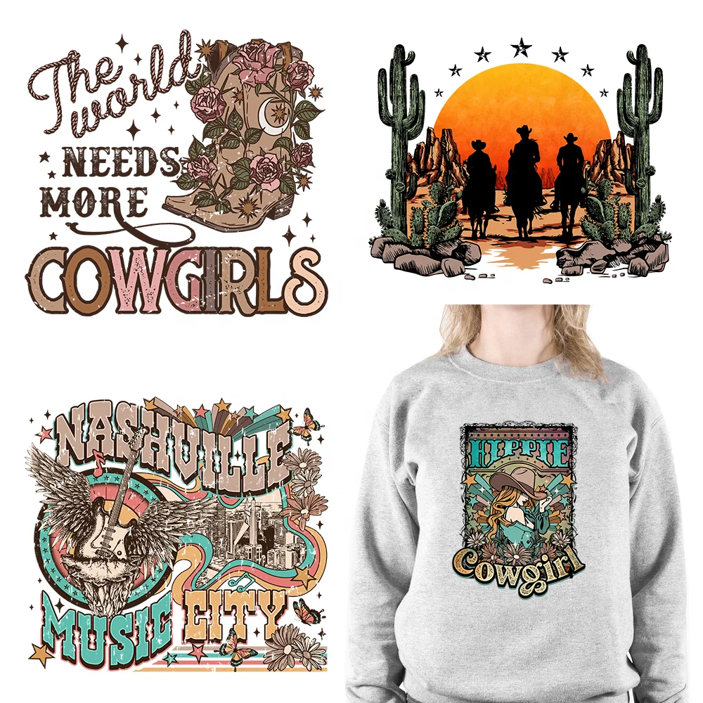 Ready To Press Western Cowgirls Transfers Stickers Retro Cow Bull Skull DTF Print Heat Transfer Stickers For T-shirts