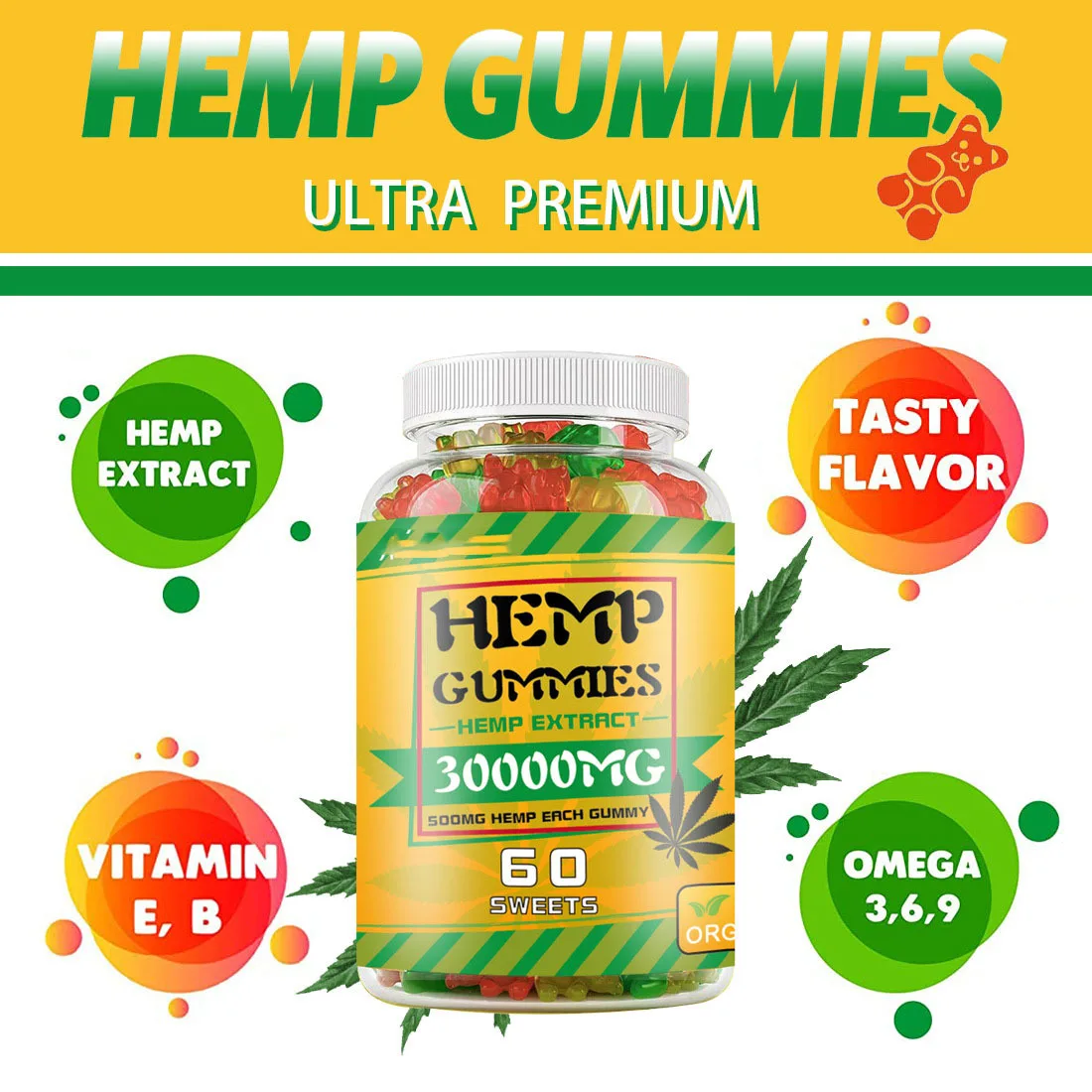 Premium Potency Natural Hemp Product Hemp Gummies Advanced Extra Strength Great for Stress & Energy