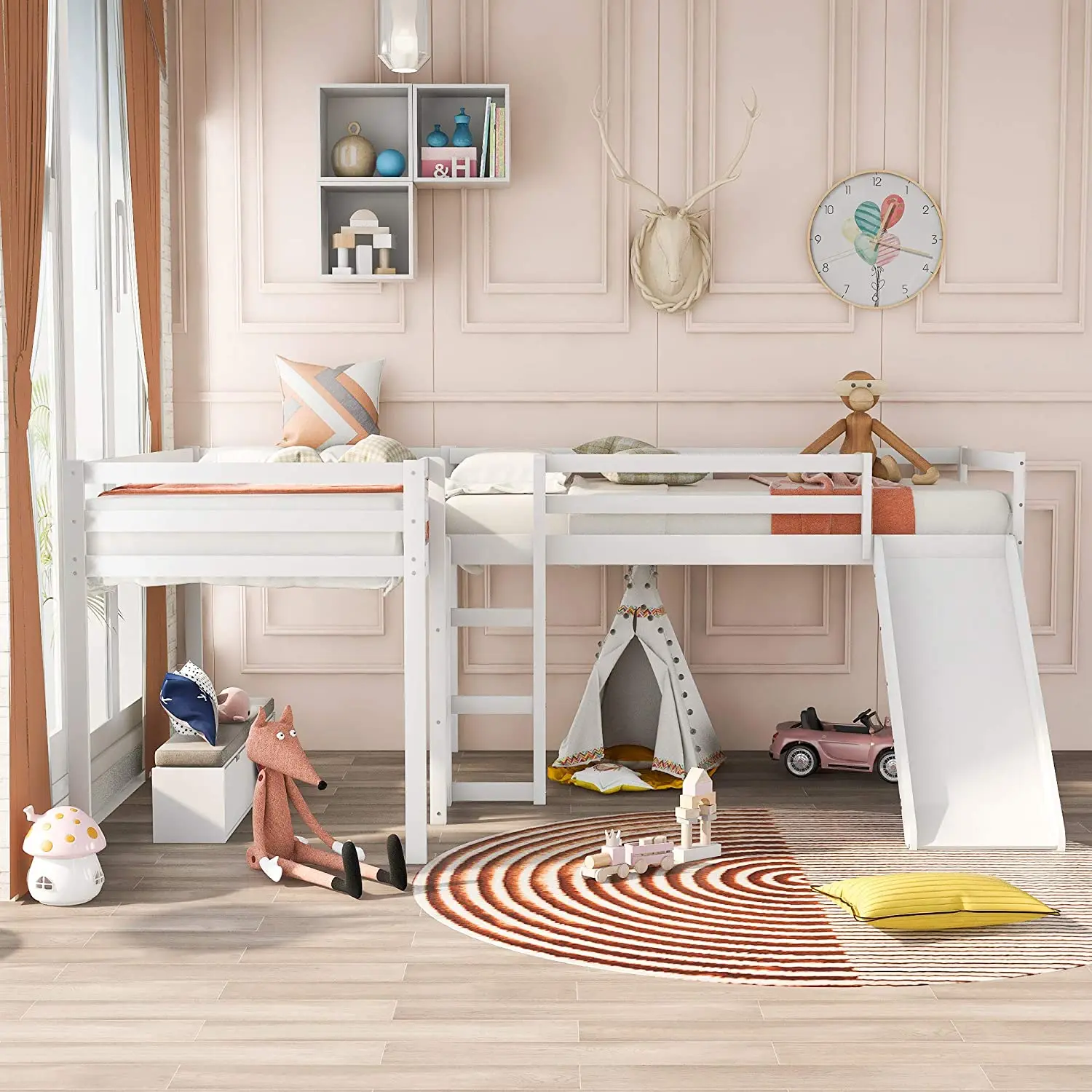 Furniture Solid Wood Twin Size L Shape Child Kids Loft Bed with Slide