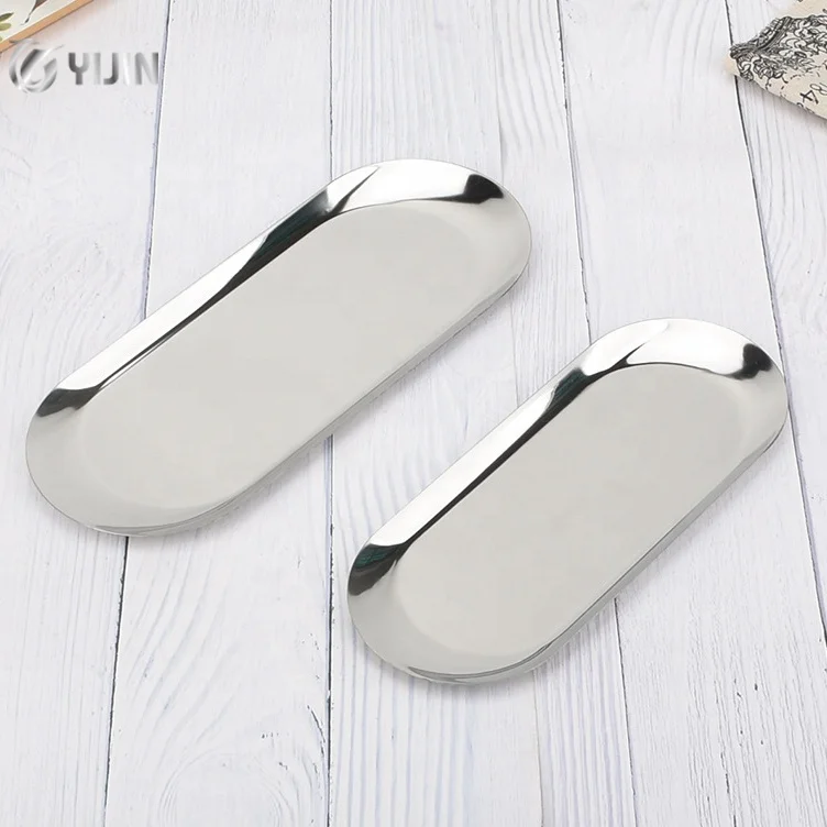 Wholesale metal small serving tray jewelry dessert steak fruit food dinner dishes stainless steel oval plate