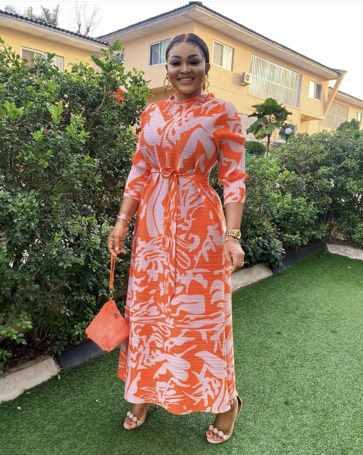 New Arrival Fashion Elegant Summer African Print Vintage Long Sleeve Floral Pleated Long Dress