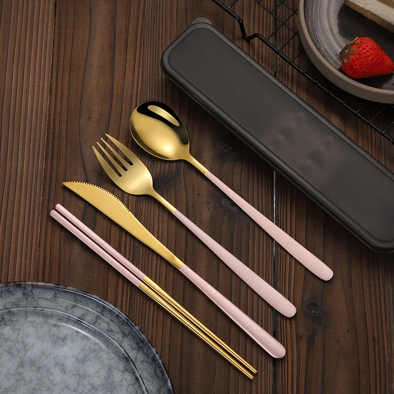 Portable Stainless Steel Cutlery Knife Fork Spoon Chopsticks Straw Travel Camping Flatware Set
