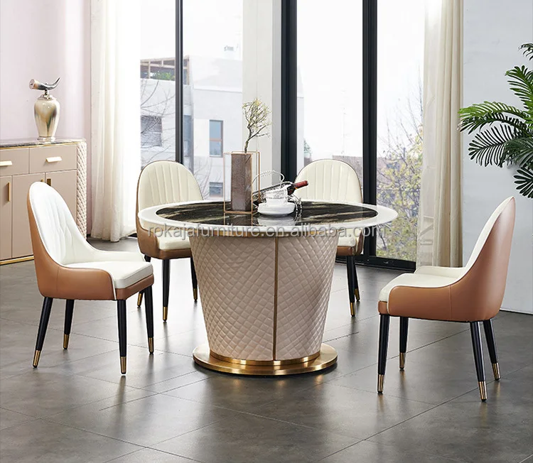 Classical Dining Table Set Modern Dining Room Furniture Leather Leg Rectangle Or Circle Marble Slate Top Dinning Table Chairs