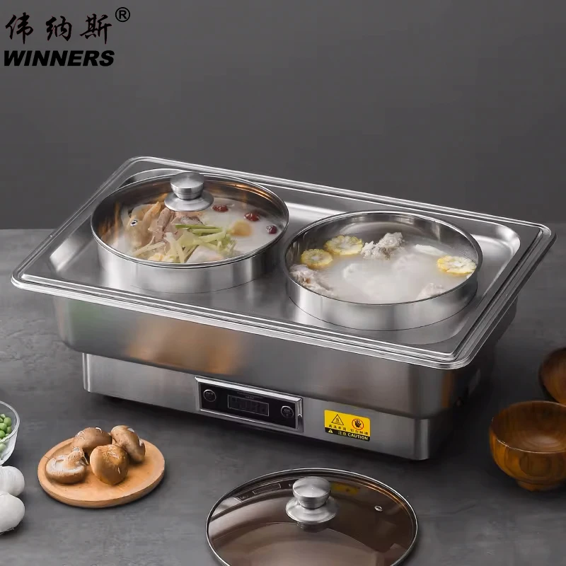 Electronic Soup Chafer 2-Pot Commercial Soup Warmer Station Round Food Servers Chafing Dish Pot with Lids for Buffet Catering