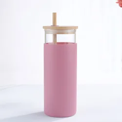 custom high borosilicate glass tumbler with straw with bamboo lid and silicone sleeve food garde