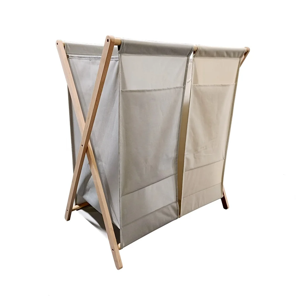 Divided 2 Compartments X Shape Fabric Bags Collapsible Bamboo Laundry Basket Hamper