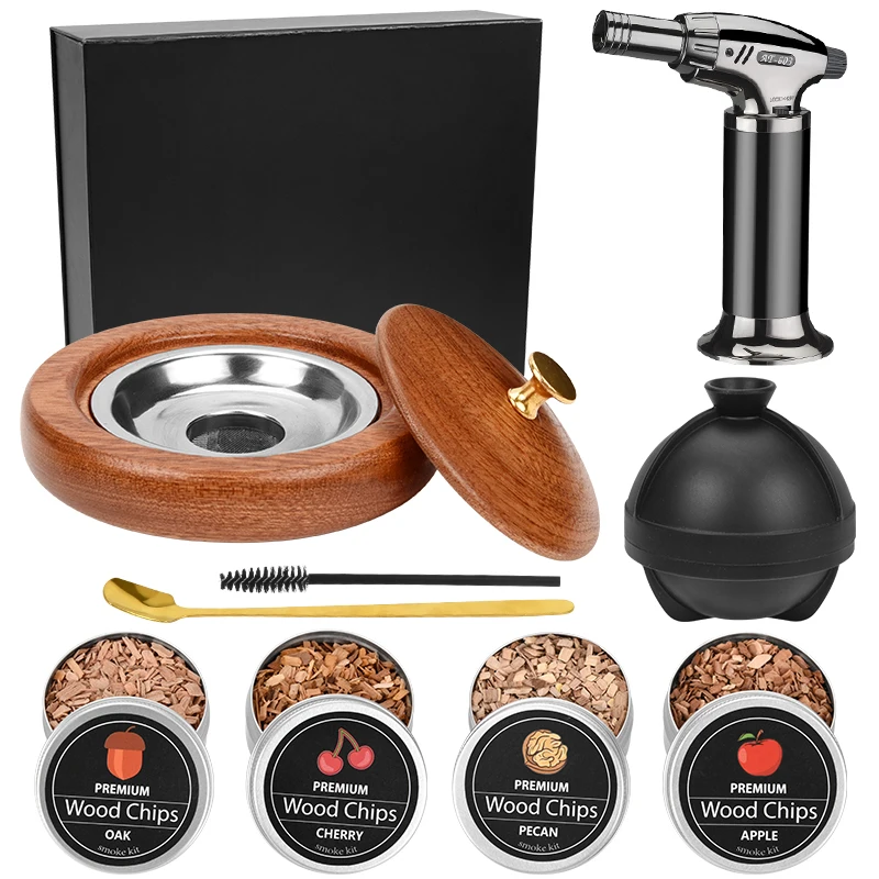 Cocktail Smoker Kit with Torch, Whiskey Smoker Kit / 4 Flavors Wood Chips,Ice Maker. for Your Friends, Husband, Dad.