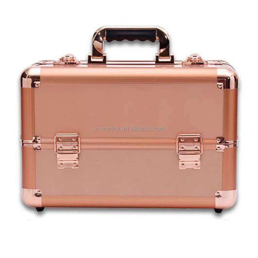 Instock Ready to Ship Easy Carrying Silvery Golden Color Multilayers Aluminum Cosmetic Case Vanity Case Make Up Case with Trays