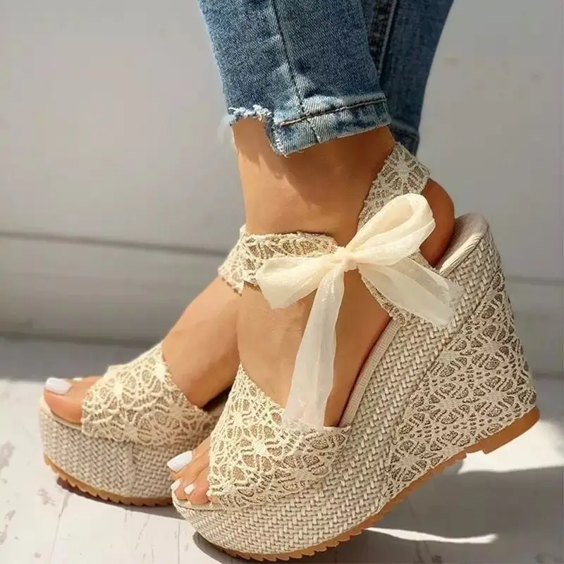 Factory Price Casual Summer Lace Peep-toe Leisure Block Heels Platform Heeled Sandals Party Wedges Shoes Ladies Women