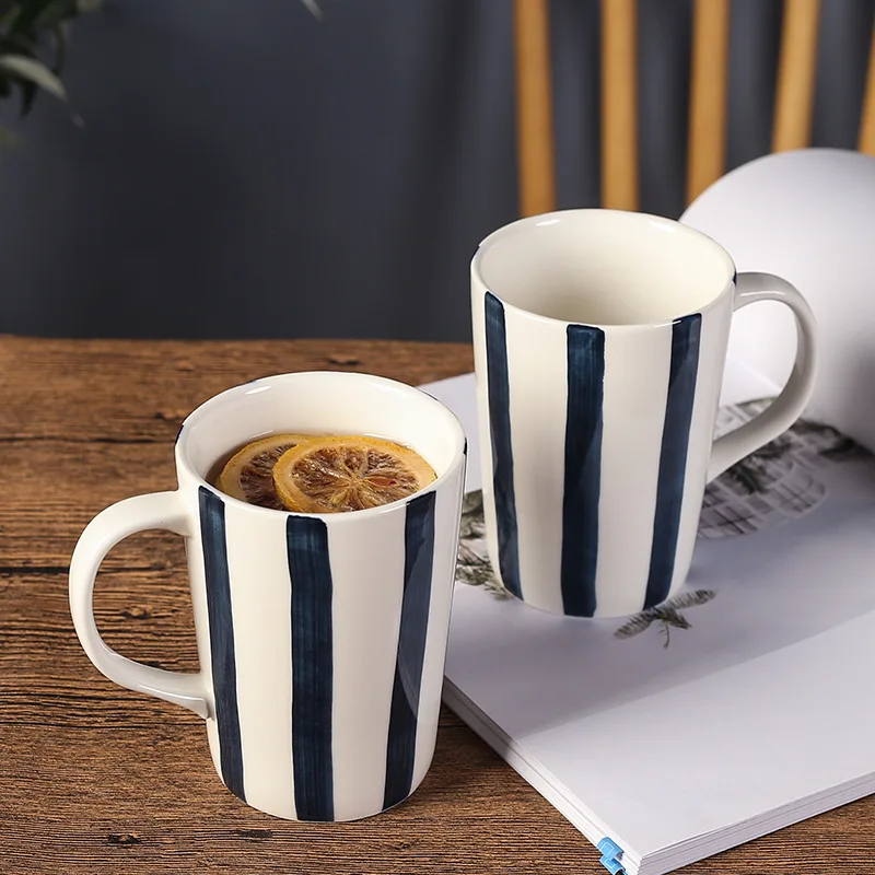 Handmade Amazon Best Seller Ceramic Mug Modern Design Style Stock Blue Pink Striped 350ml Capacity for Coffee & Giveaways