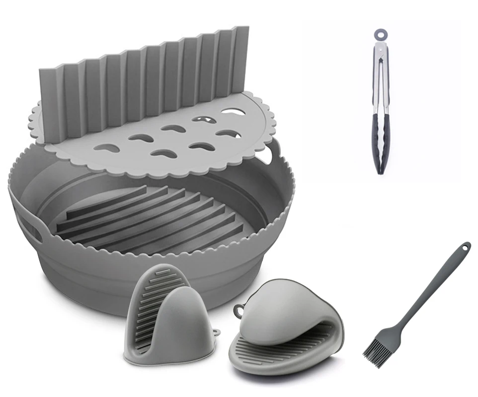 New Design Folding Silicone Oven Baking Pan Air Fryer Silicone Pot with Dividing Spacer Kit with Oil Brush Mitts and Food Tong