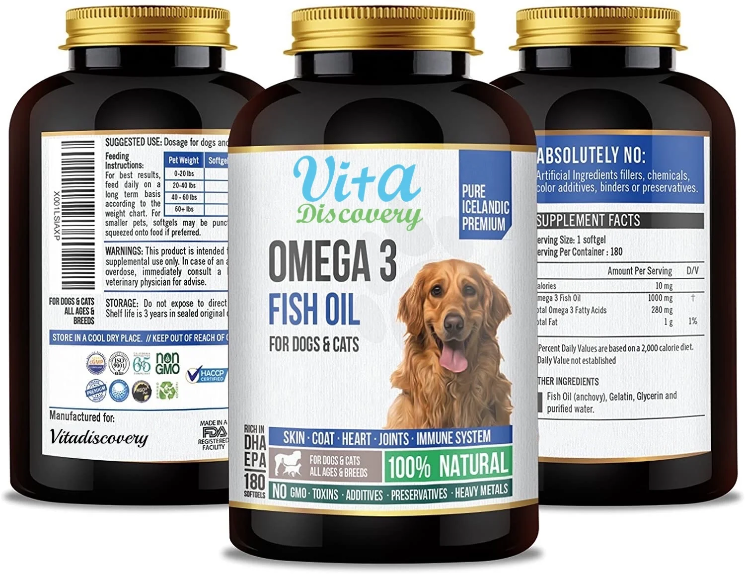 100% натуральный Мультивитамин Омега 3 добавка рыбьего масла для собак и кошек, 1000 мг чистый DHA и EPA Omegas