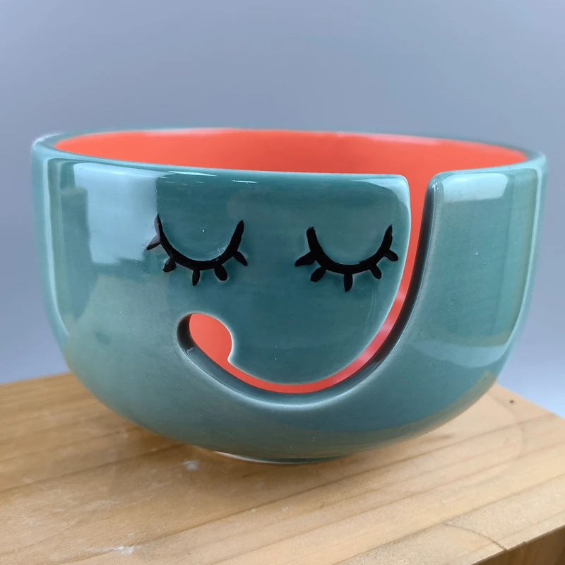 Ceramic Yarn Bowl For Knitting With Lid Holder Crochet Fiber Sewing Storage Yarn Balls Storage Round Wood Needles Handmade