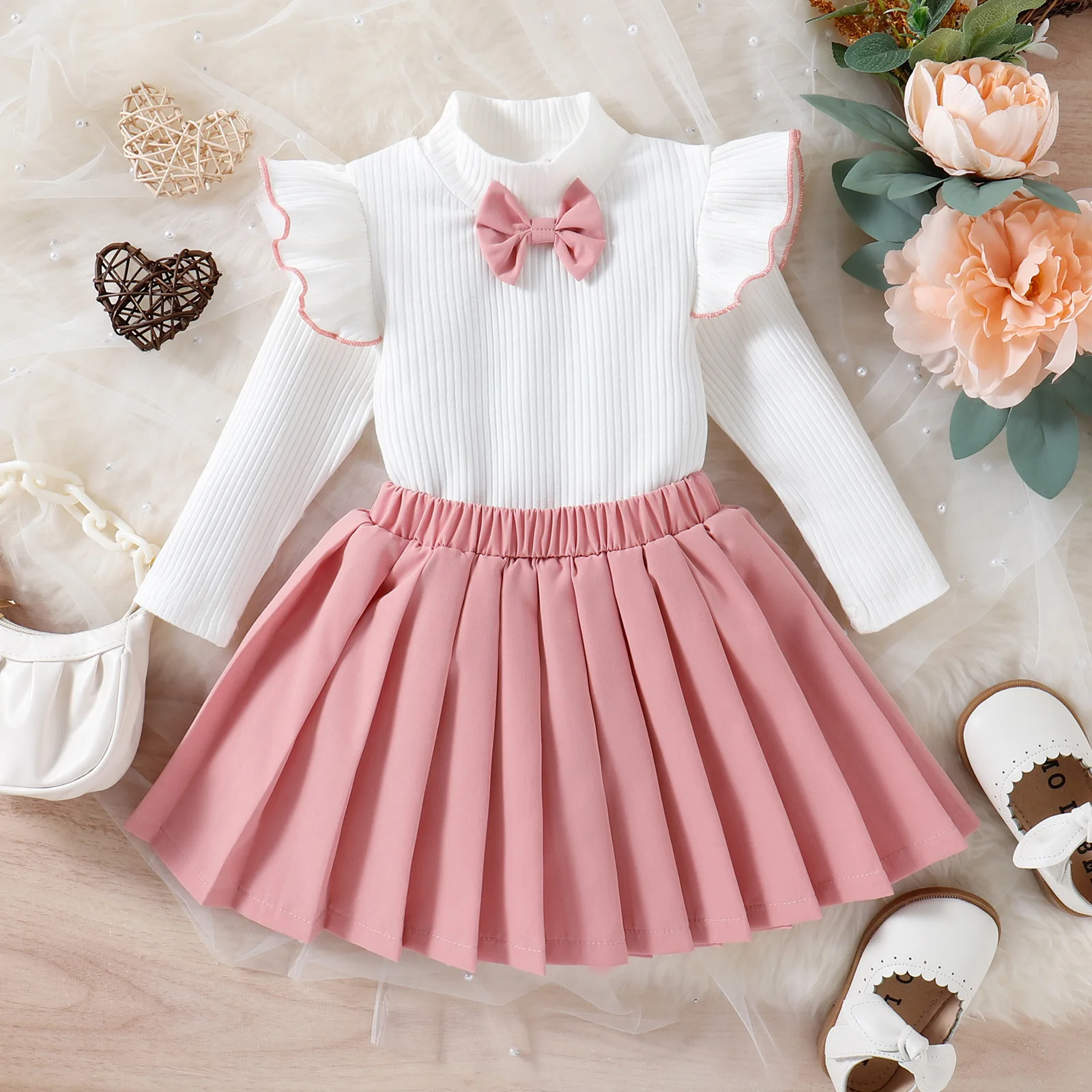 Autumn Flying Sleeve Cute Bow Top Pleated Skirt Set For Girls Clothes Pit Strip Knitted Sweater Kid Clothing Wholesale For Girls
