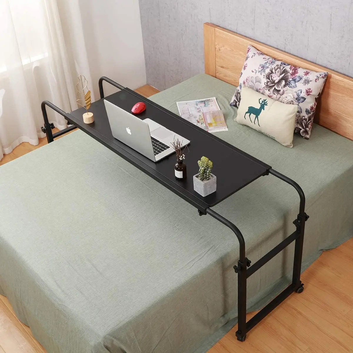 Portable Workstation Desk Lazy Overbed Laptop Computer Table with Wheels Office Wooden Metal Construction Fits King Queen Bed
