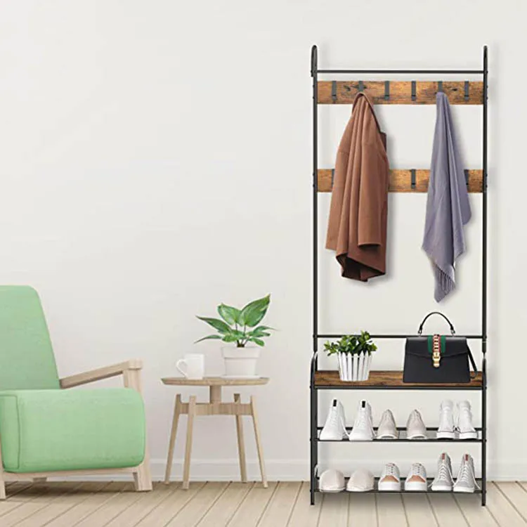 Home Furniture modern hallway entryway coat racks stand metal wood 3 tiers shoe storage clothes hanger