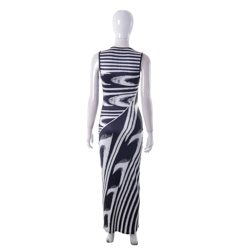 Q003 New 2023 European Chic Striped O-Neck Knee -Length Summer Sleeveless Dress Women Dresses 7