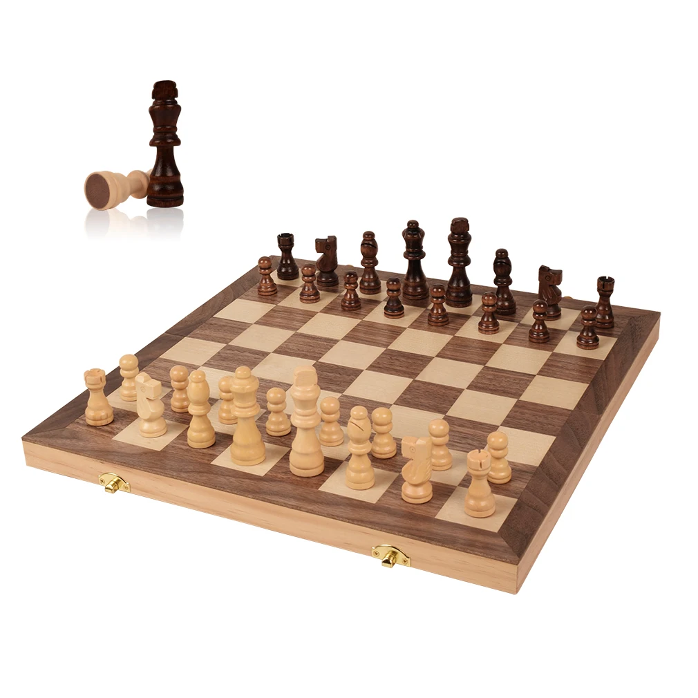 Folding Board with Pieces Storage for Travel Chess Game Portable 15-Inch Magnetic Wooden Classic Chess Set