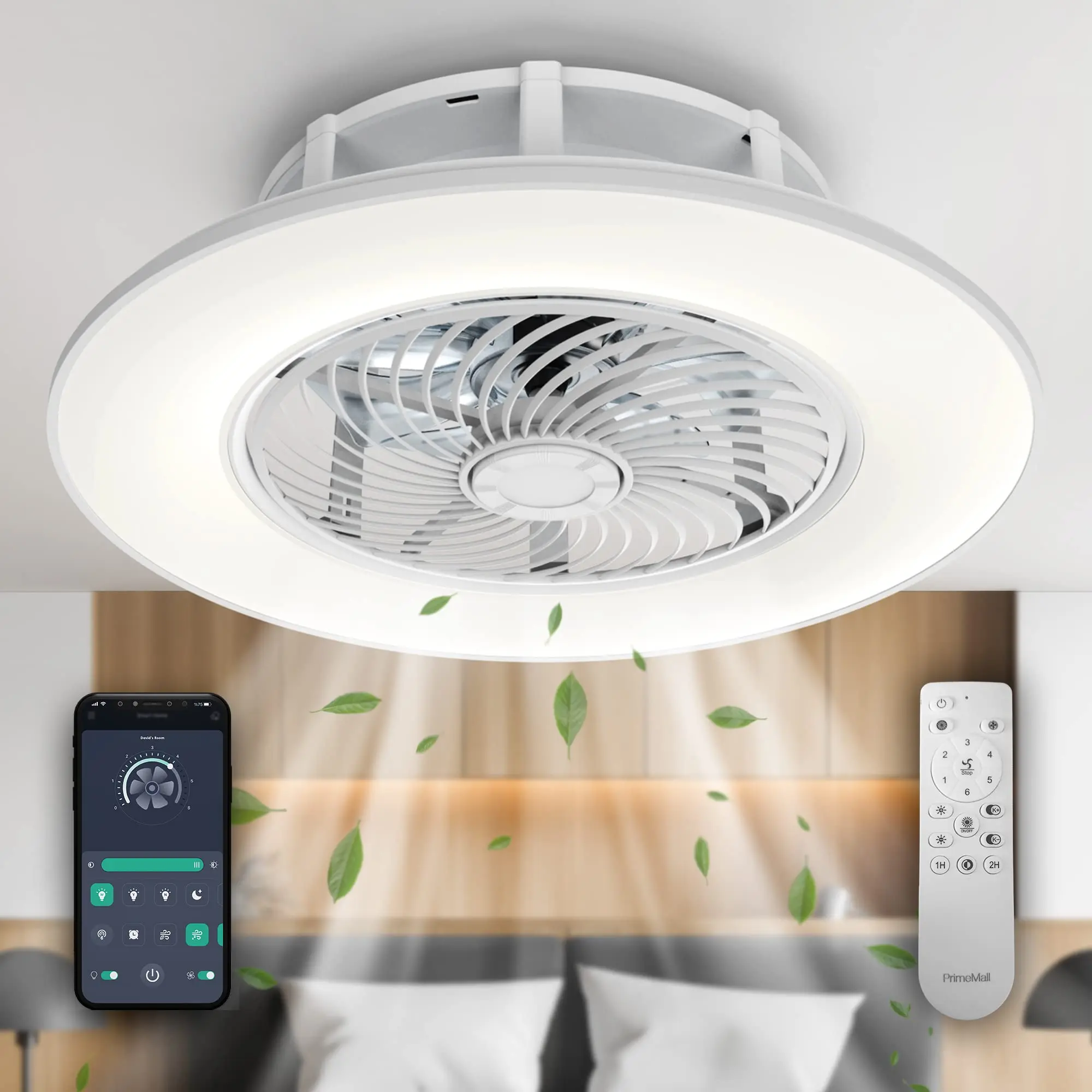 Modern Enclosed Multi-Speed Indoor Remote Control mart LED Dimmable Lighting Flush Mount Low Profile Ceiling Fan with Light