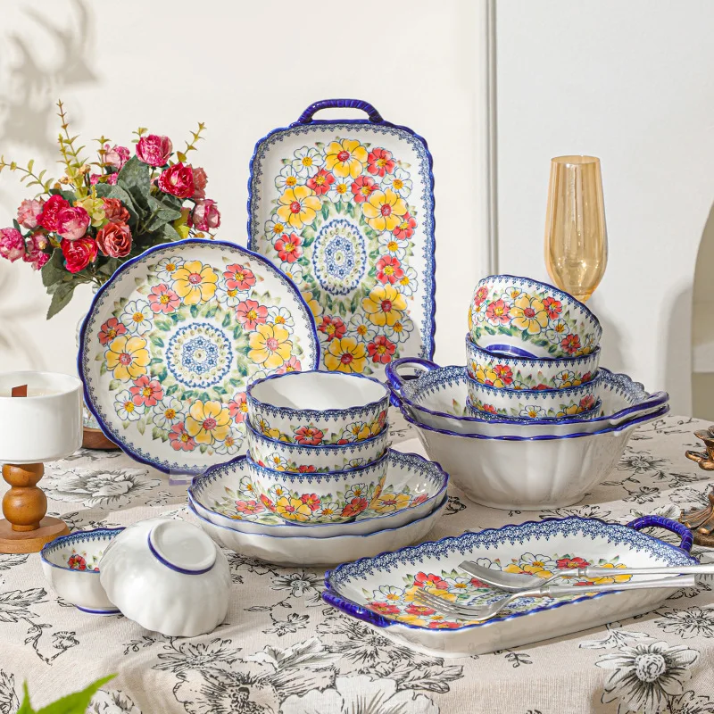 New Design restaurant casual dinner set bohemian crockery ceramic tableware porcelain flower Plate bowl for Salad Vegetable