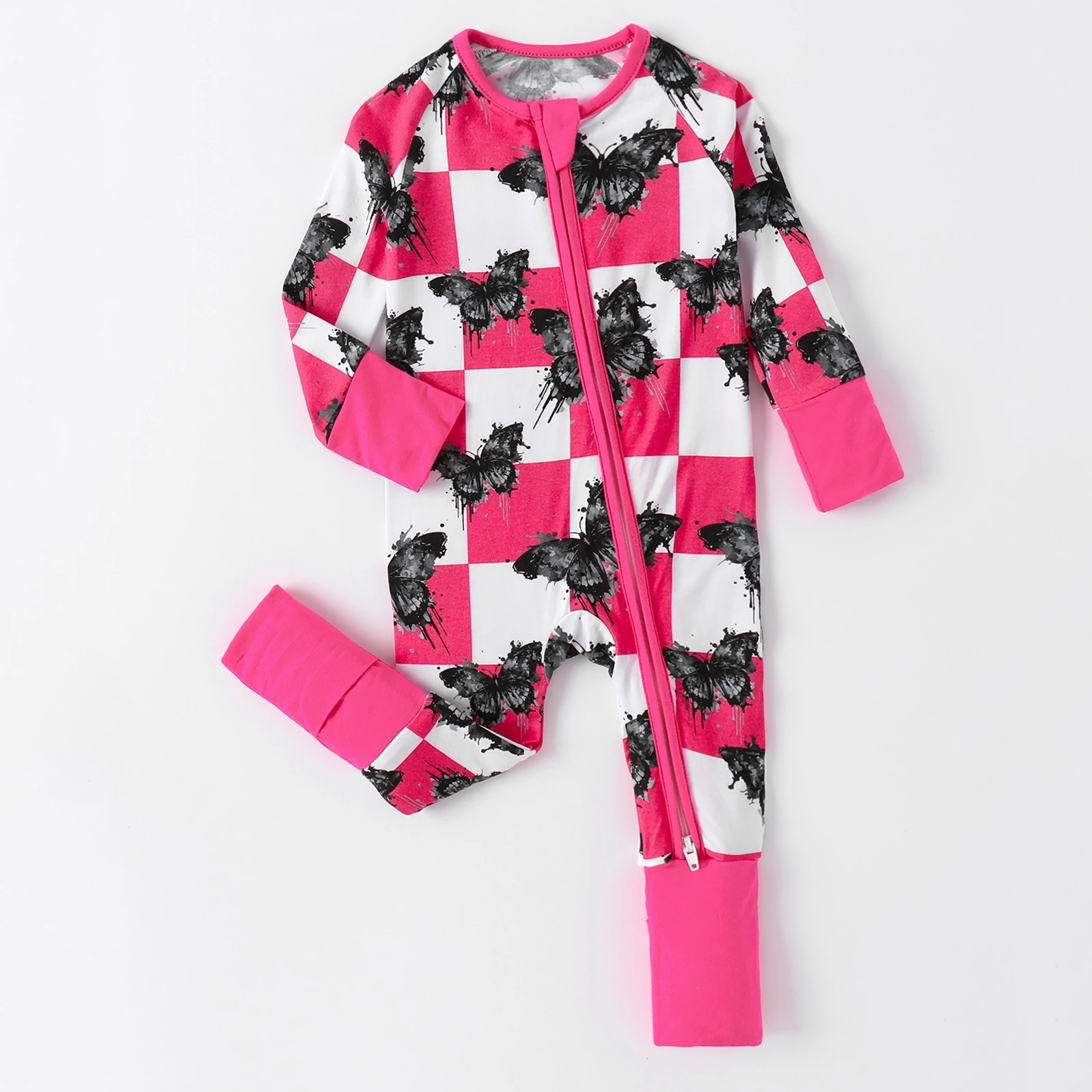Pink checkered baby bamboo romper black butterfly baby girl clothes wholesale