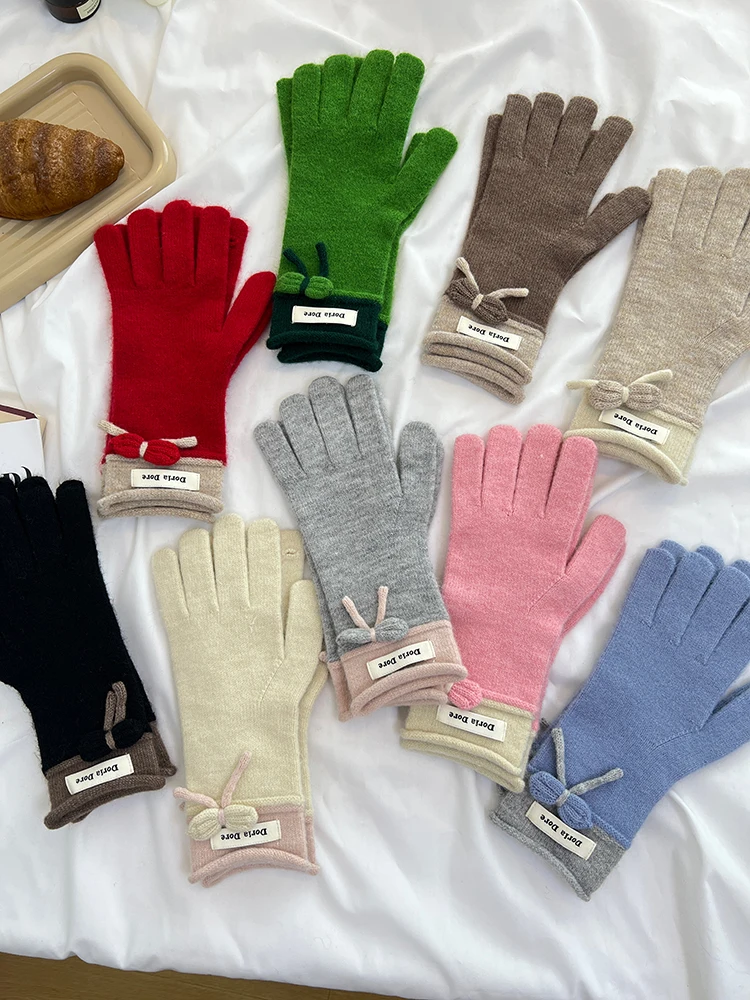 Bowknot Decoration Women Winter Warm Cashmere Glove Custom Fashion Knitted Gloves Girls Knitted Full Finger Gloves