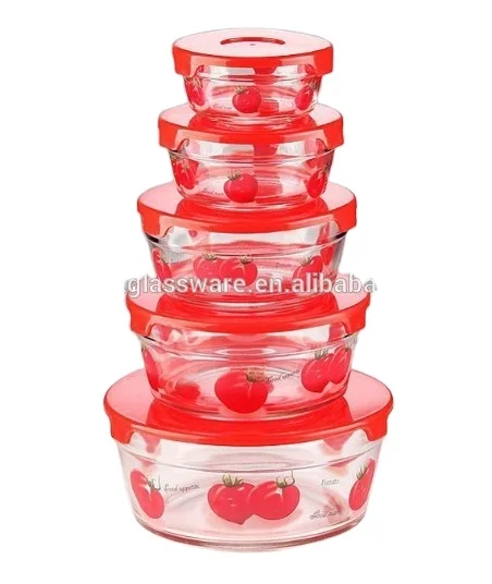 Promotion150ml-1000ml  lead free 5 pcs glass bowl set with plastic lid custom printing