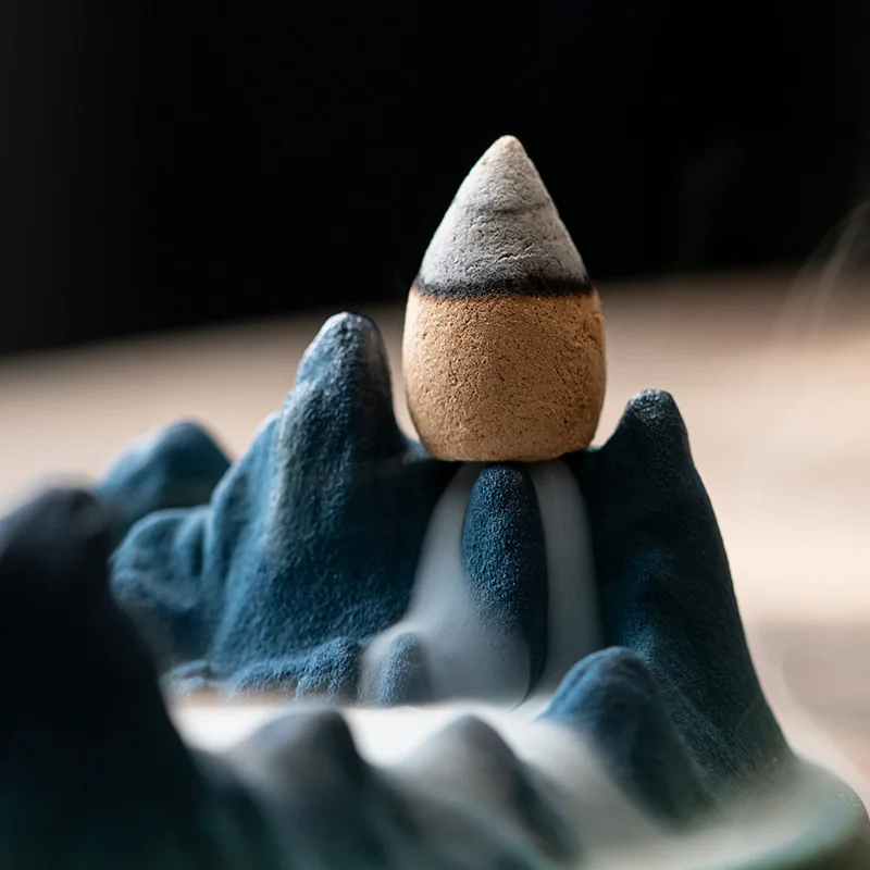 Custom Size Design Navy Blue Rough Ceramic Cone Backflow Incense Stick Holder Waterfall Burner