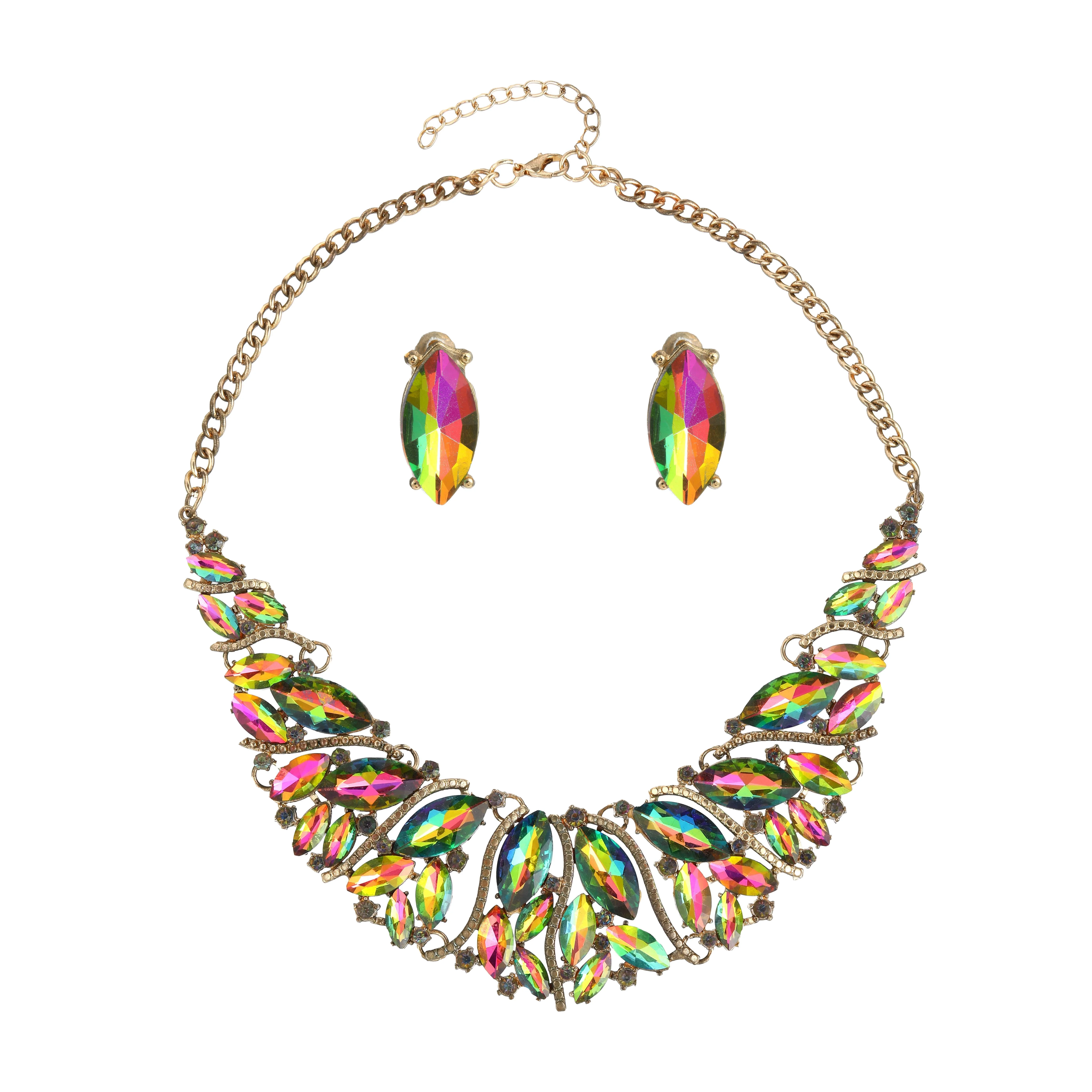 Women Rhinestone Statement Necklace set colorful Crystal Chunky Diamond Necklace