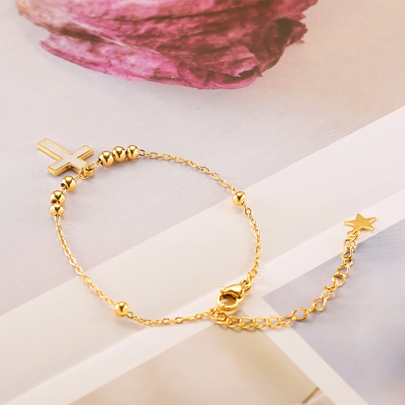 Stainless steel jewelry wholesale Cross bracelet circle ball chain gold-plated lobster clasp bracelet