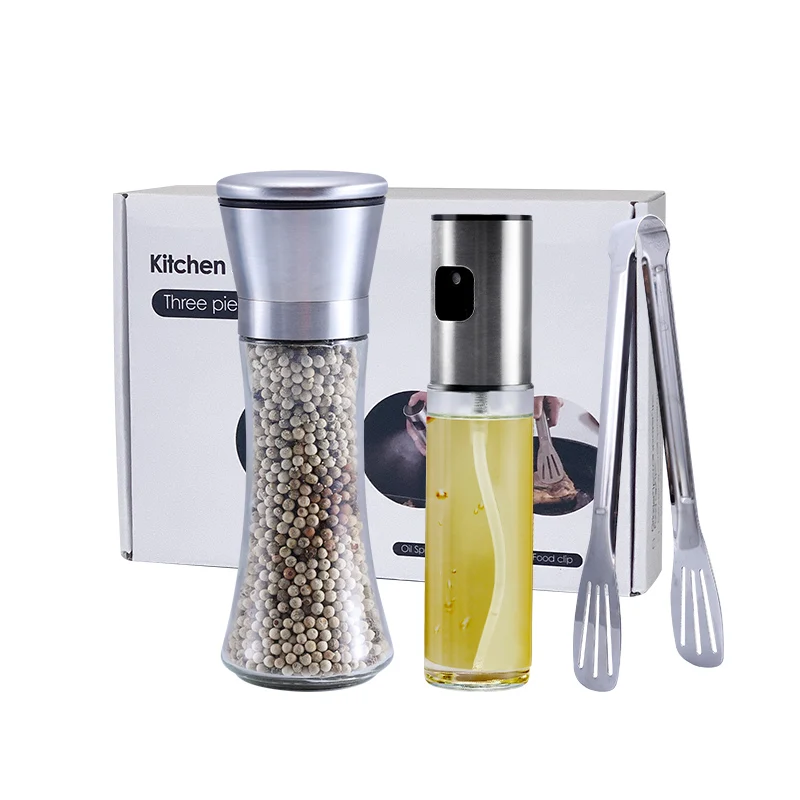 BBQ Tools Portable Glass Stainless Steel Olive Oil Sprayer Pepper Grinder Kitchen supplies 3 pieces set for Home Cooking Picnic