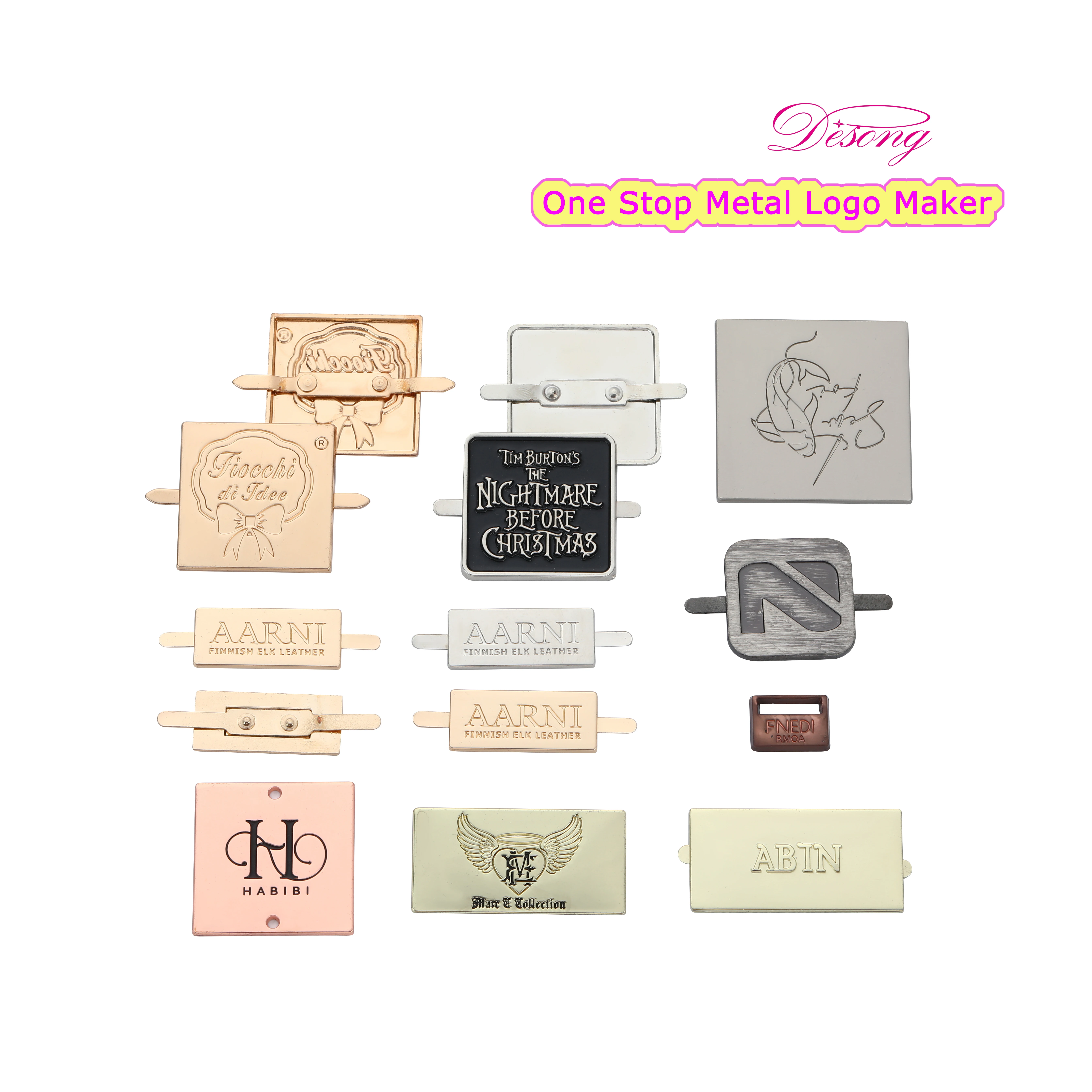 Customized engraved label gold plated purse rectangle tags prongs feet U leg name metal letters logos for handbags