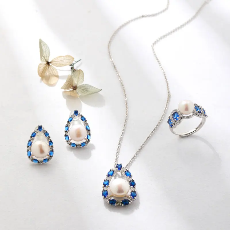 Keiyue 925 sterling silver ring earrings necklace cubic blue zirconia freshwater pearl jewelry set