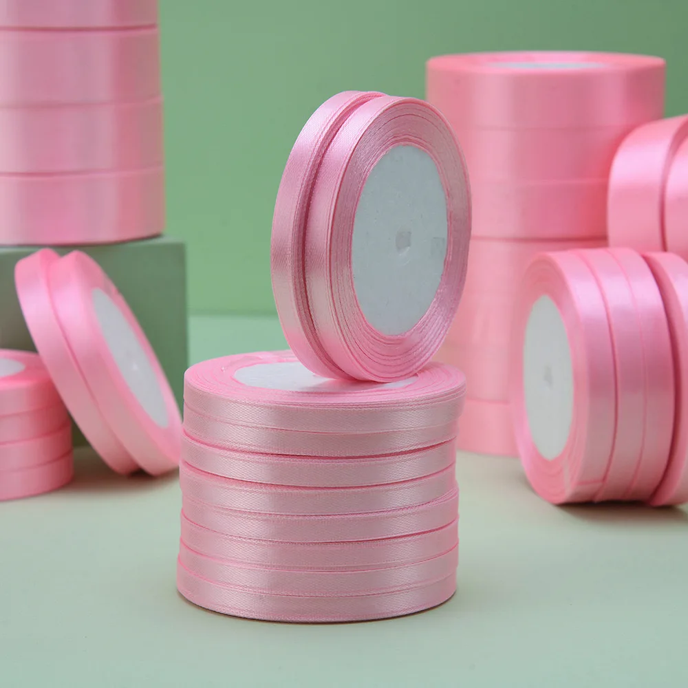 custom Pink Ribbon Polyester 0.6cm 25mm 25yard Single Sided Wedding Decoration Gift Ribbons roll