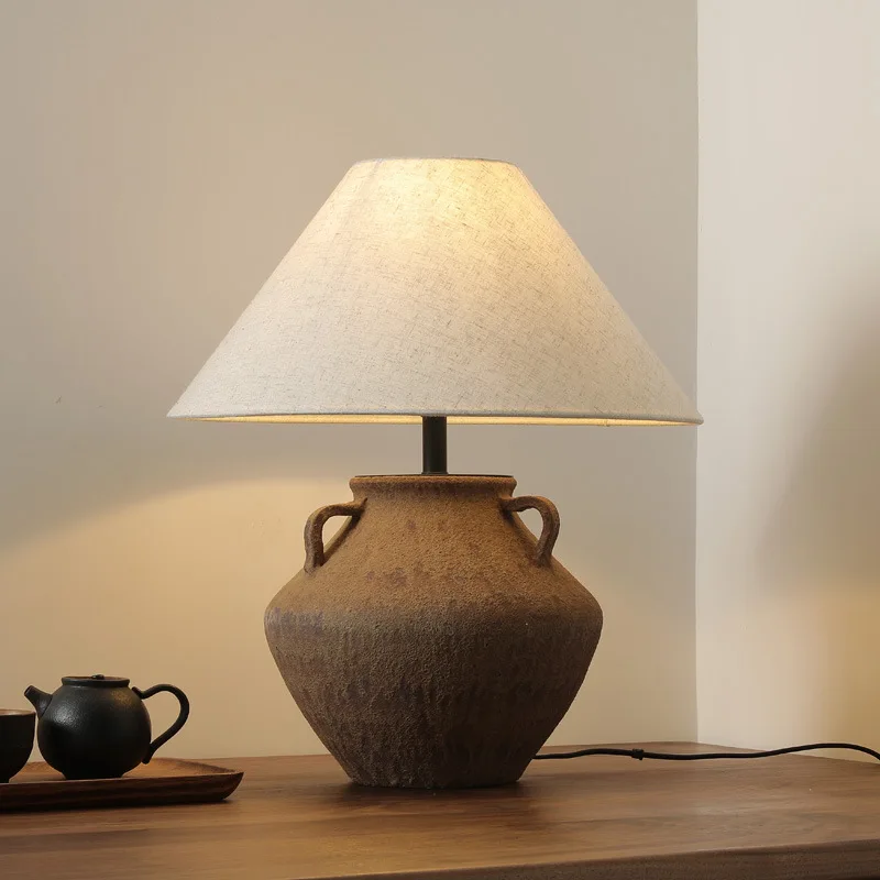 Nostalgic Chinese Large Rough Clay Pot Shape Lighting Resterurant embellished Table Lamp