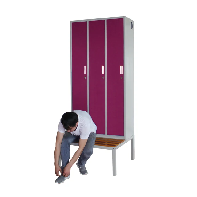 Useful Triple Compartment Metal Almirah Design Steel Locker Room 3 Door Lockers With Bench