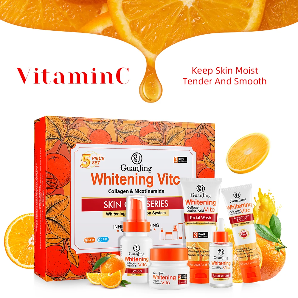 Organic Collagen Brightening Vitamin C 5 Pieces Set Smooth Skin Care Lotion Moisturizing Skin Care Set Private Label In Stock