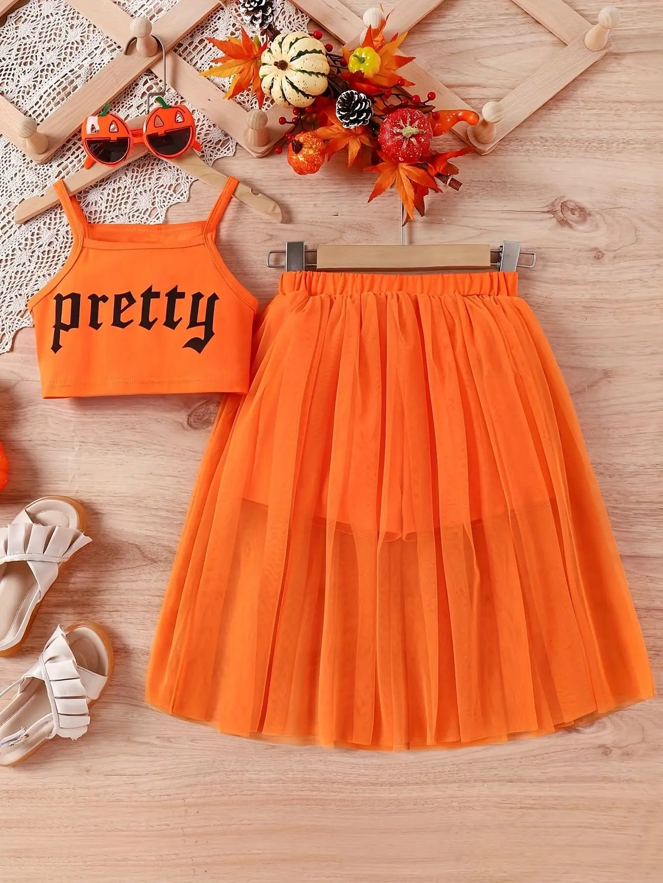 Young Girl Mesh Floral Print Two Pieces Set With Camisole Vest Baby Girls Fashion Dress