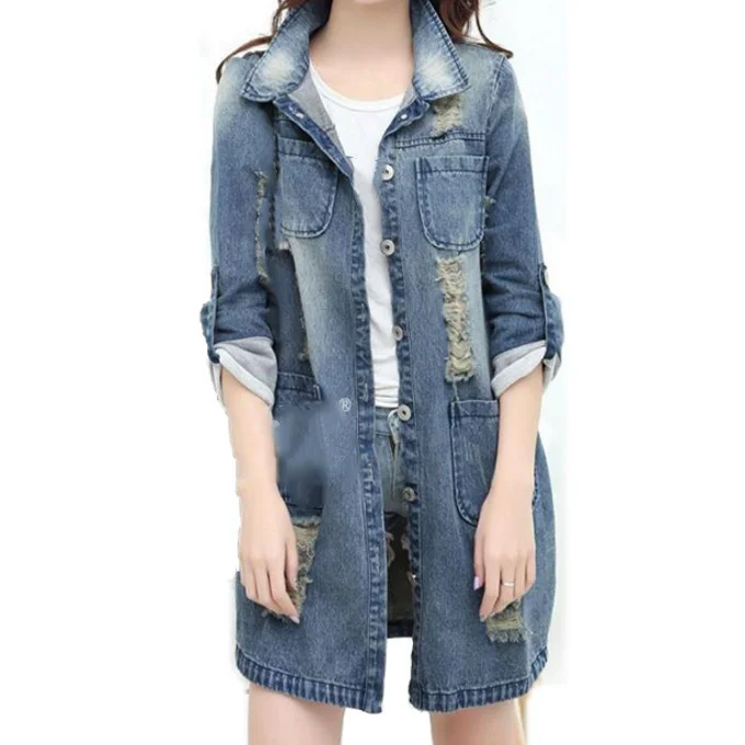 Loose Lady Long Jackets Woman Hole Denim Jacket Ladies Jean Windbreaker