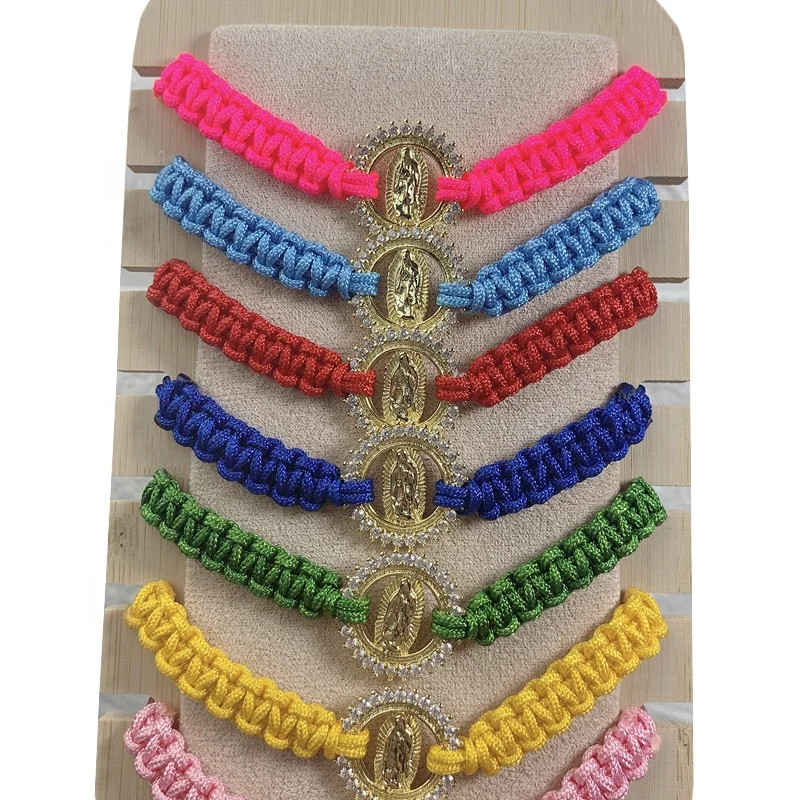 Custom virgin mary zircon gold charm handmade woven braided rope bracelet women