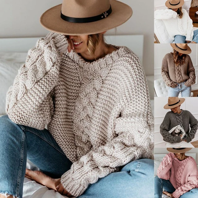 Winter Fashion Clothing Ladies Solid Pullover V-neck Twist Loose Sweater Casual Knitted Sweater Women