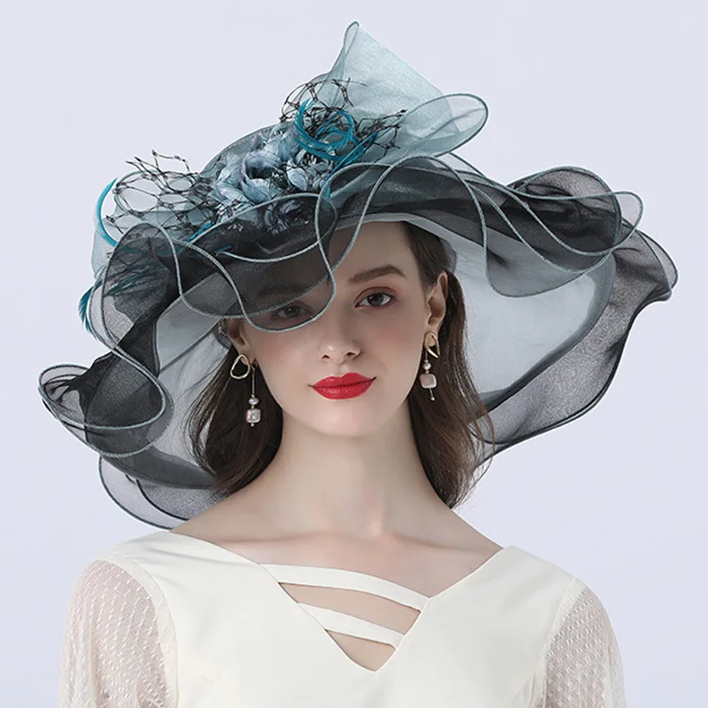 Women Sun Hat Ruffles Brim Organza Church Wedding Dress Party Hat With Detachable Flower